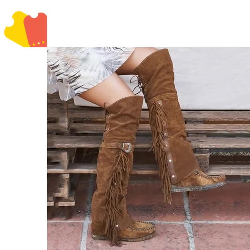 Knee high fringe boots best sale