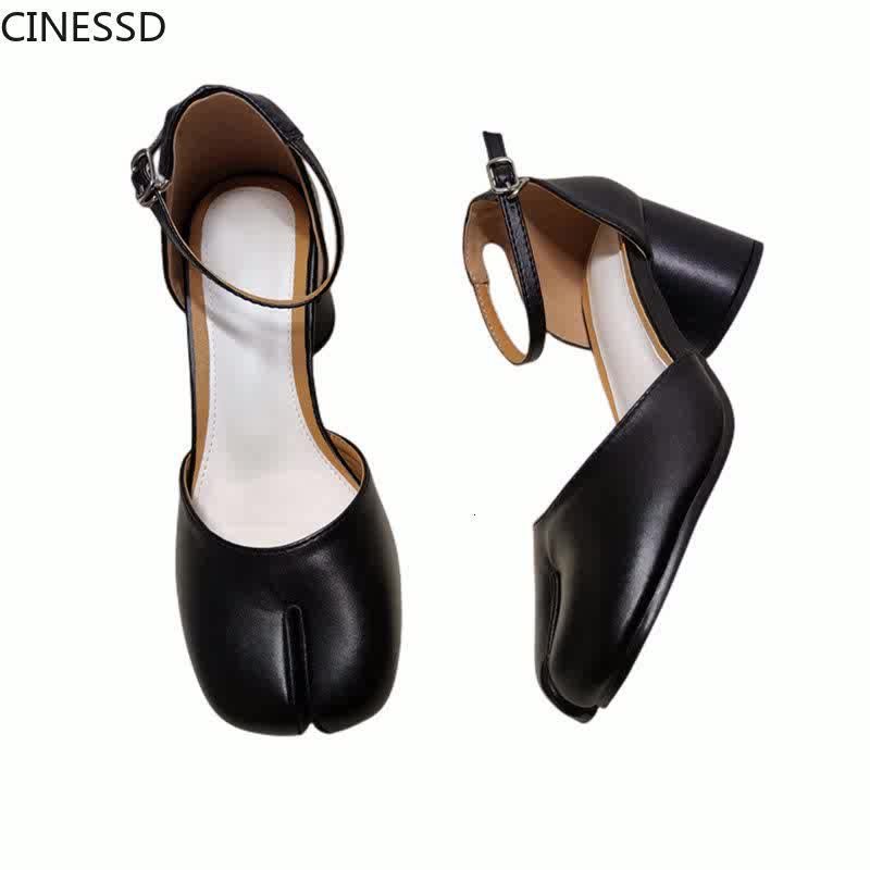 New Women Split Toe Shoes Tabi Leather Ankle Strap Block Heels Mary Jane  Sandals