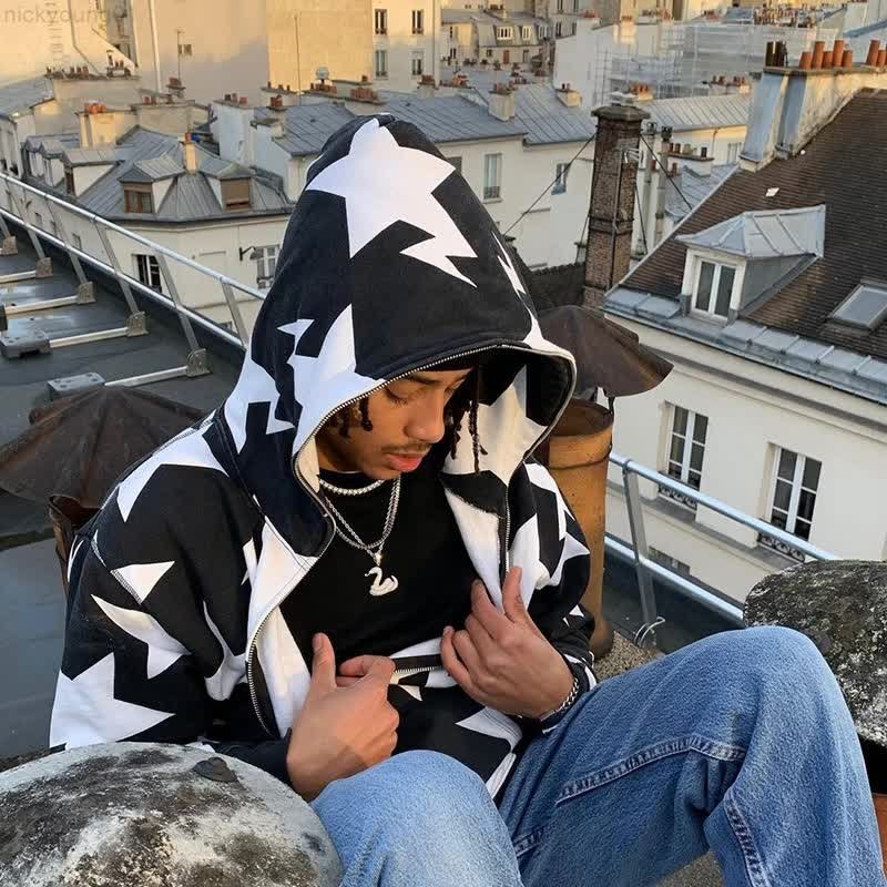 Y2K Mens Fashion Zip Up Hoodie: Star Print Long From