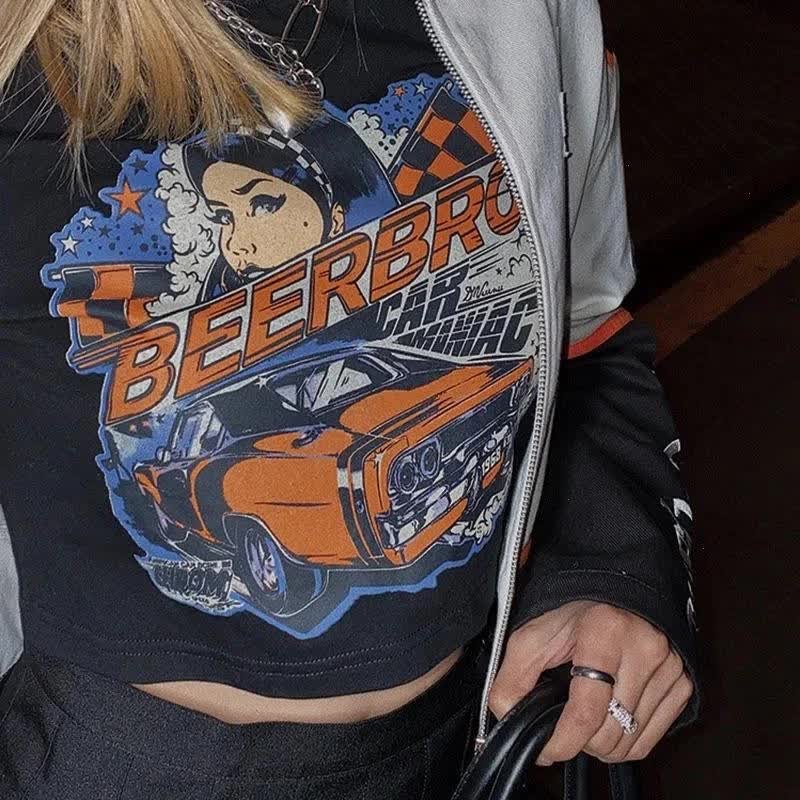 Vintage Graphic Crop Top - 90s Racing Car Print T-Shirt