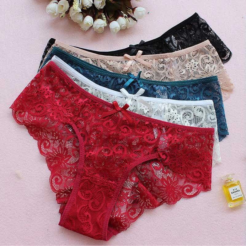 Women Panties Tummy Control Hollow V Shape Low Waist Bowknot Lace  Transparent Thong Underwear