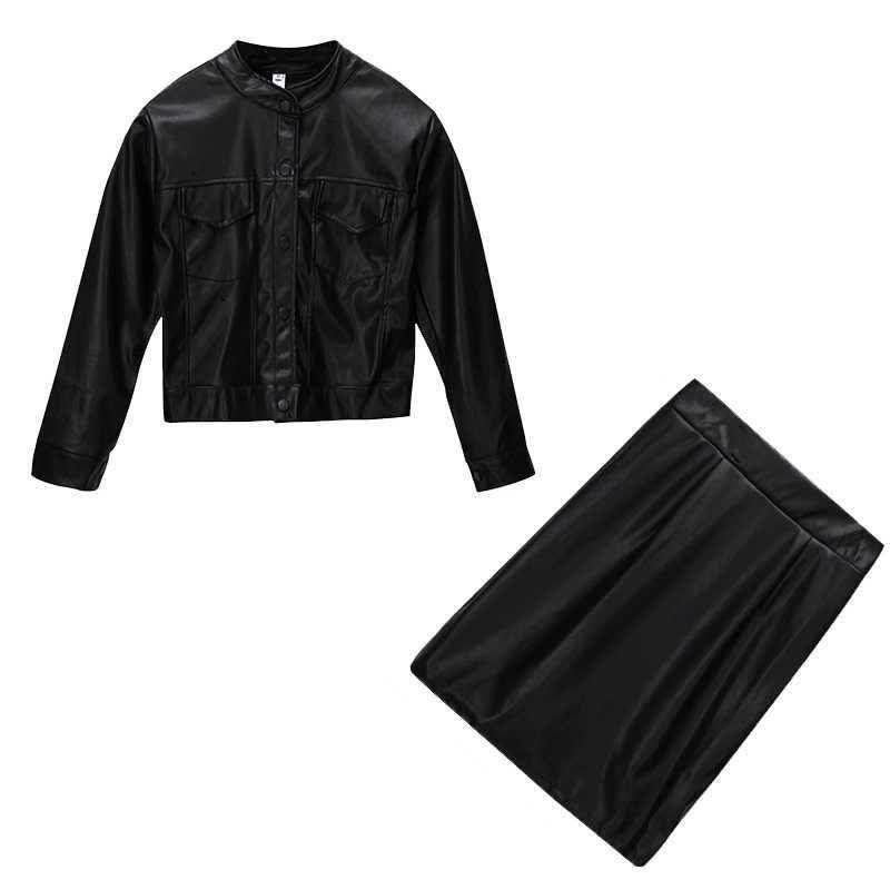 PERHAPS U Womens Two Piece Leather Jacket And Mini Black Leather