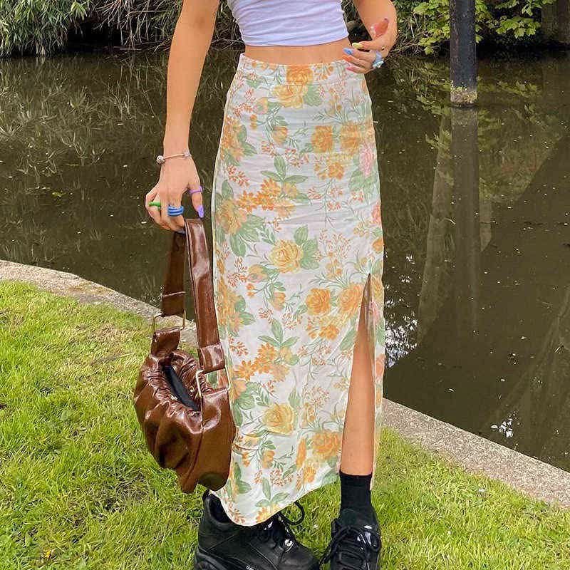 【NASTYFANCY】FLOWER PATTERN SLIT LONG SKIRT DHgate.com:Floral Maxi Skirt: Y2K Vintage Print, Slit Hem
