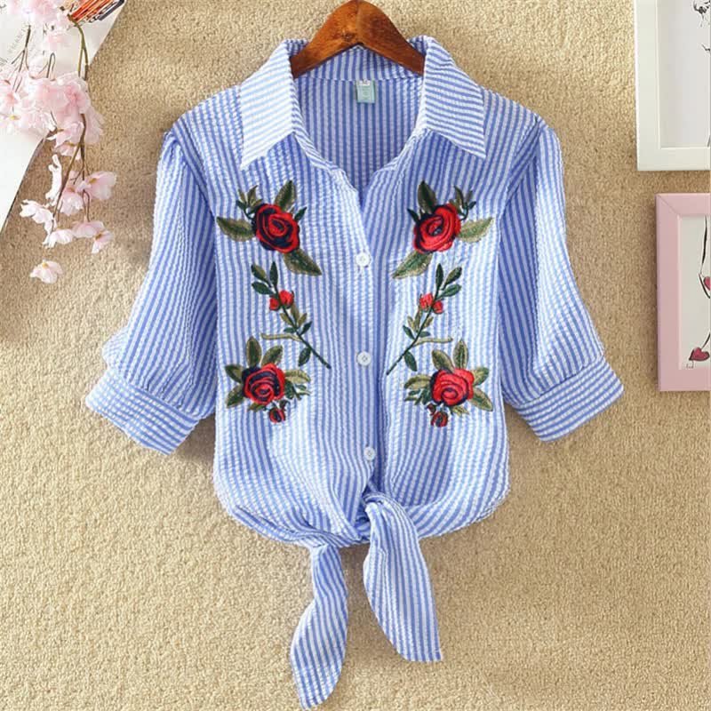Korean Flower Embroidered Cotton Blouse Online For Women Short