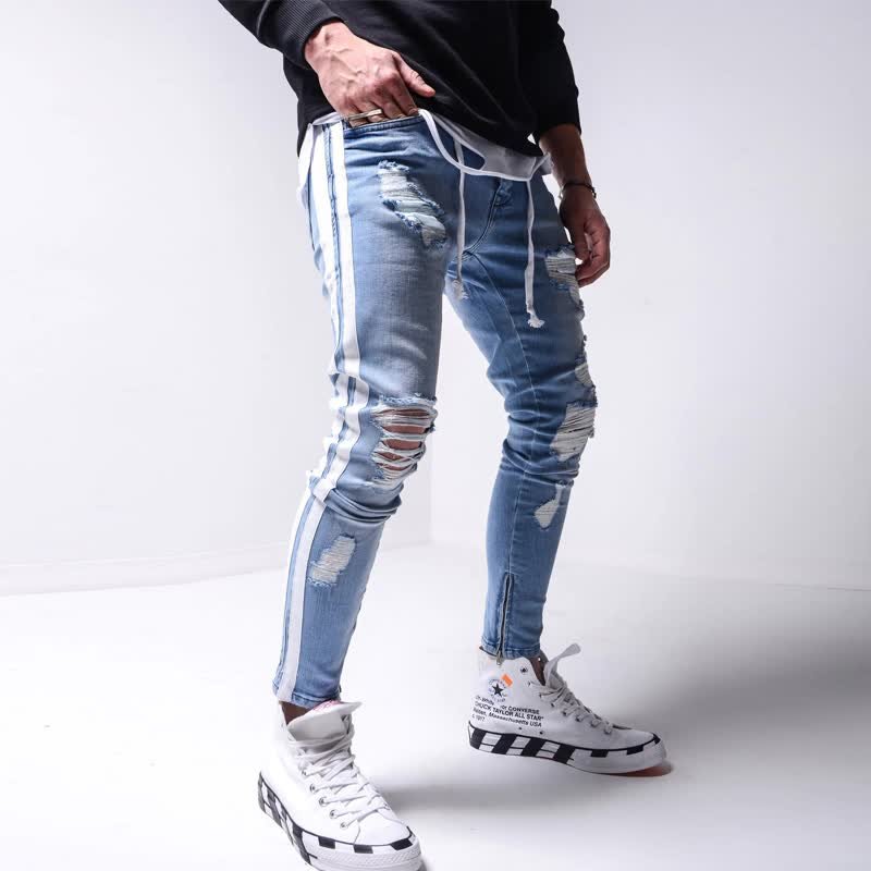 Hip Hop Slim Fit Mens Ripped Pencil Pants With Striped And Scratched Holes  Skinny Denim Striped Biker Jeans With Side Stripes From Blueberry12, $22.76