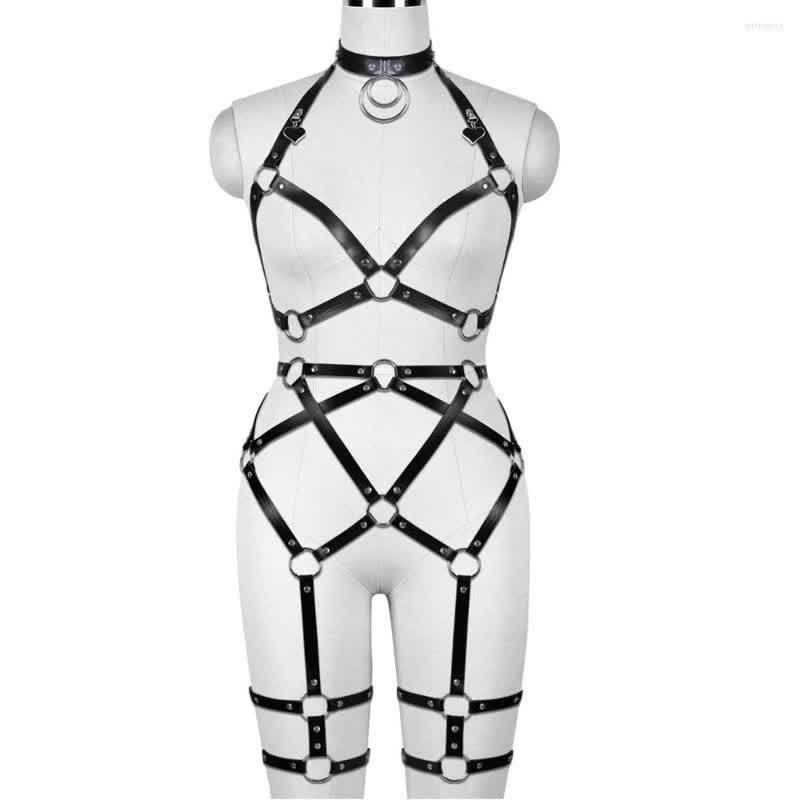 Sexy Leather Thigh Length Harness Cage Bra Set For BDSM, Punk
