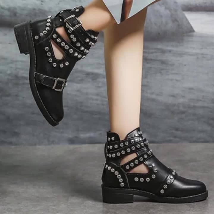 Opium Rivet Strap Leather Heel Boots ブーツ Women's Ankle Boots Autumn Platform Rivet Chunky Square Heel