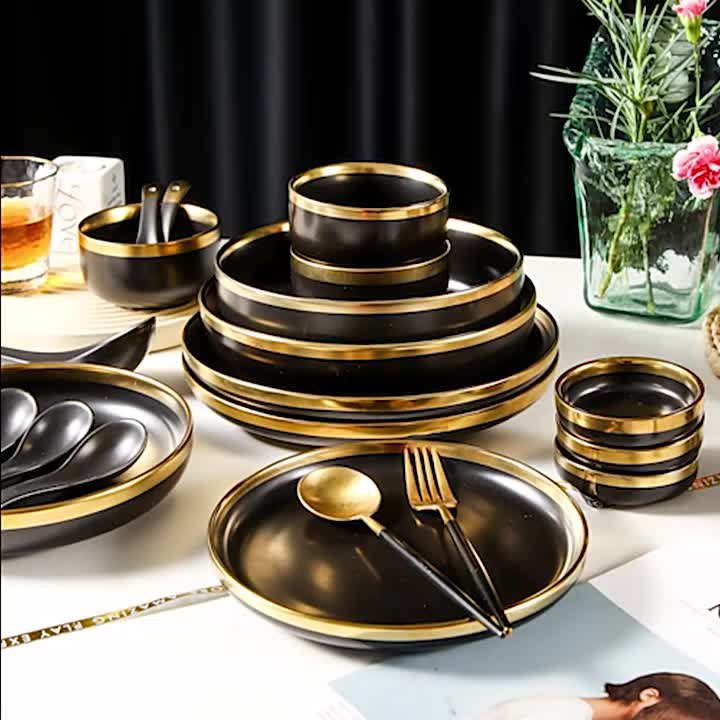 Service De Table 18 Pièces En Porcelaine Noire 'Grain De Riz' - Neuf Sous Emballage