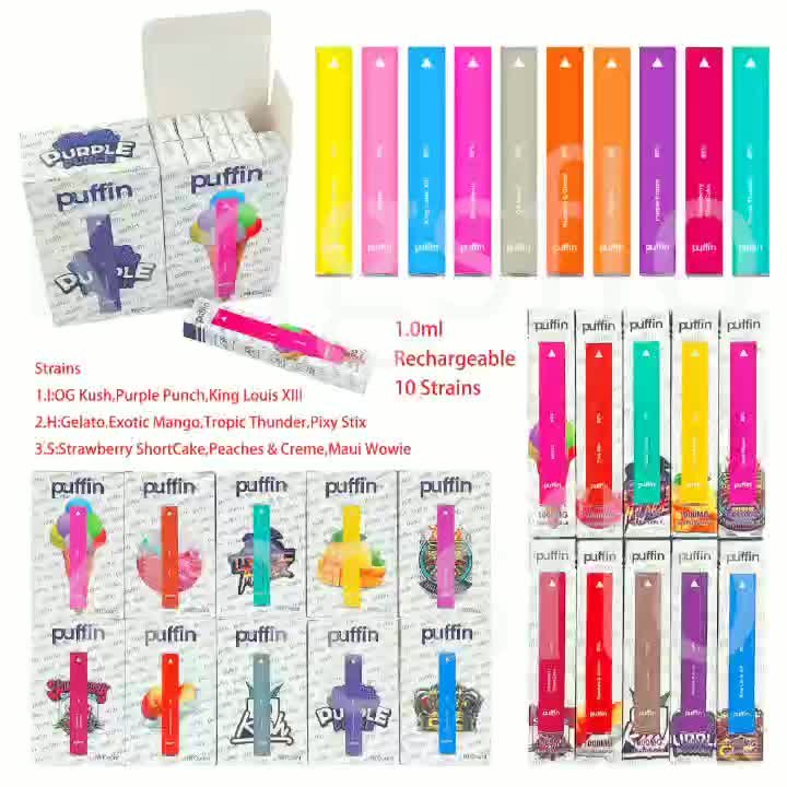 Puffin Disposable Vape Pen E-cigarettes Empty Cartridge 10 strains Empty  Vapes Ecigs USB Rechargeable Vapes Bar Airflow Portable with packagings