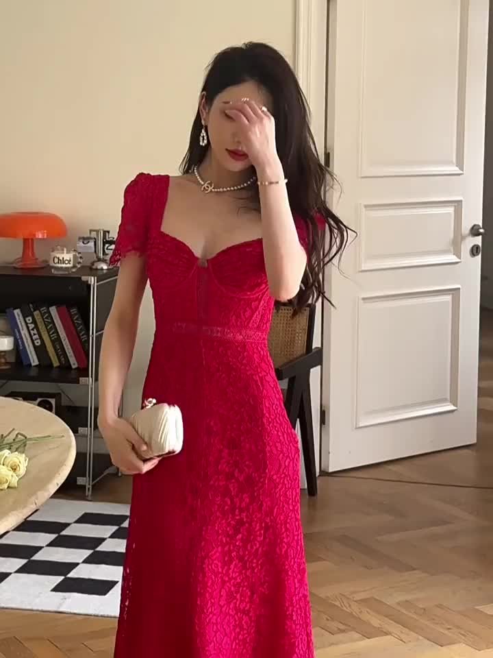 Casual Dresses S Elf Portrait Red Lace Midi Dress Short