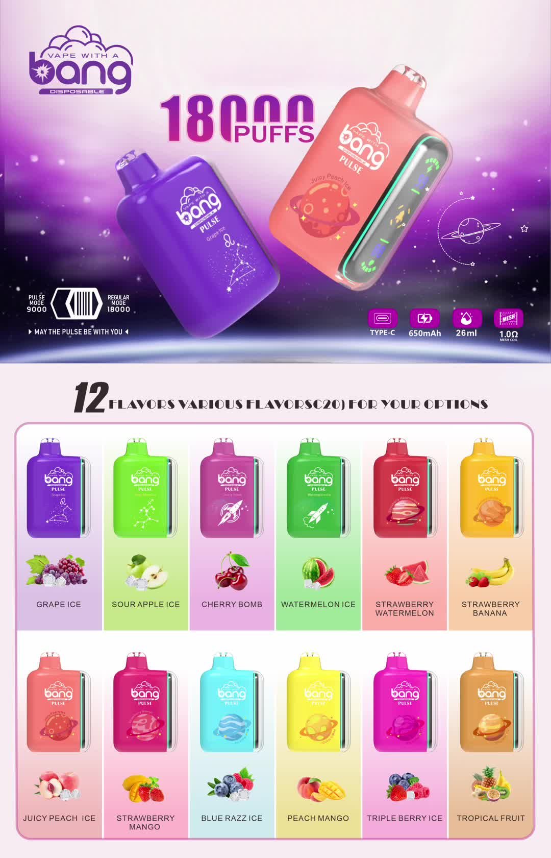 100% Original Bang Pulse 18000 18K Puff 18000 18K Smart Digital Box  Rechargeable Disposable Vape Pen E Cigarette Geek Bar Geekbar 7500 15k  15000 26ml 650mAh Battery