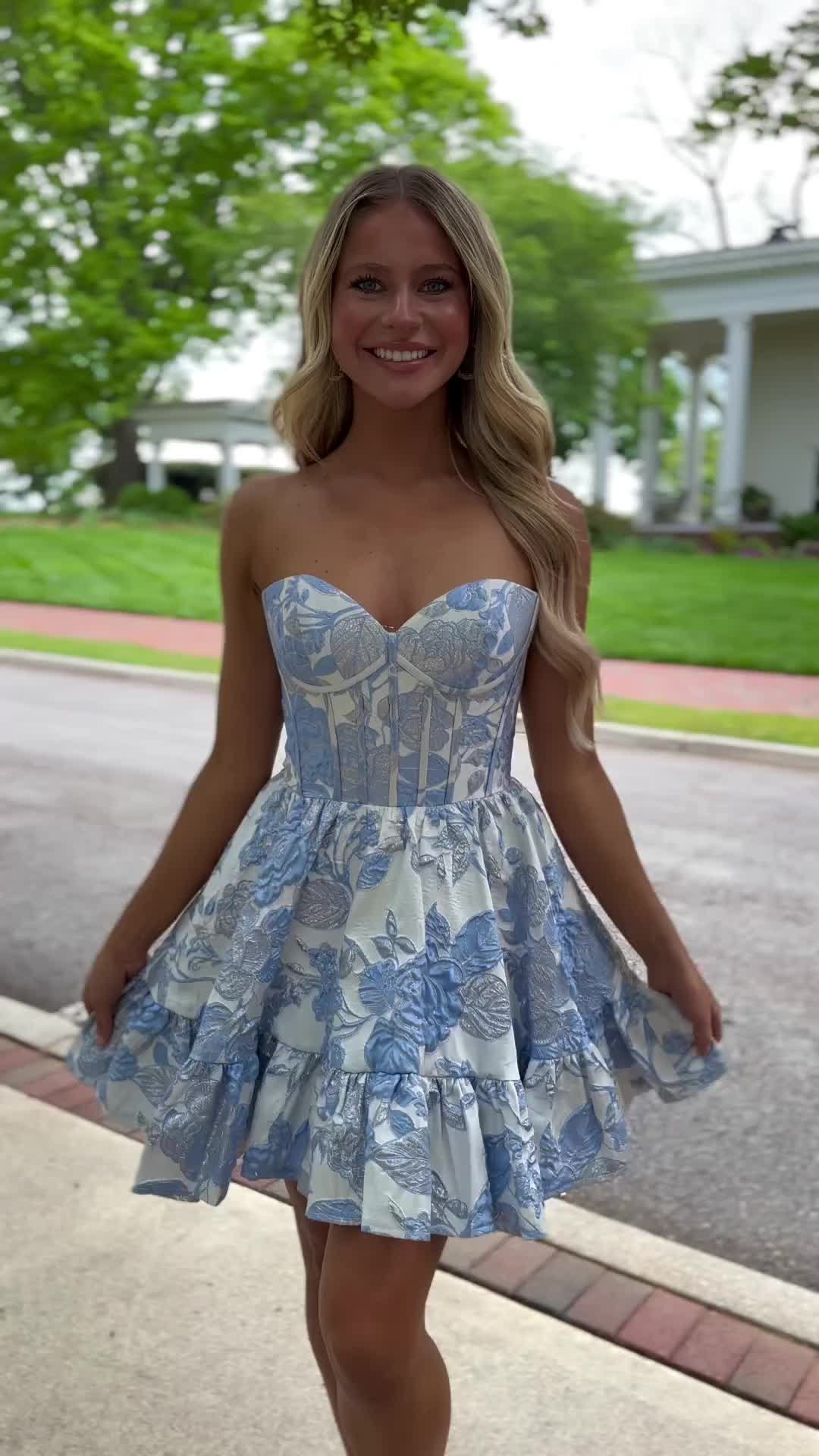 Floral Brocade Cocktail Party Dress Strapless Corset Babydoll Junior Semi  Formal Event Hoco Gala Graduation Sweet 16 Dance Homecoming Holiday Bat  Mitzvah Gown Blue Video Review | Bridal Party Attire Party Homecoming