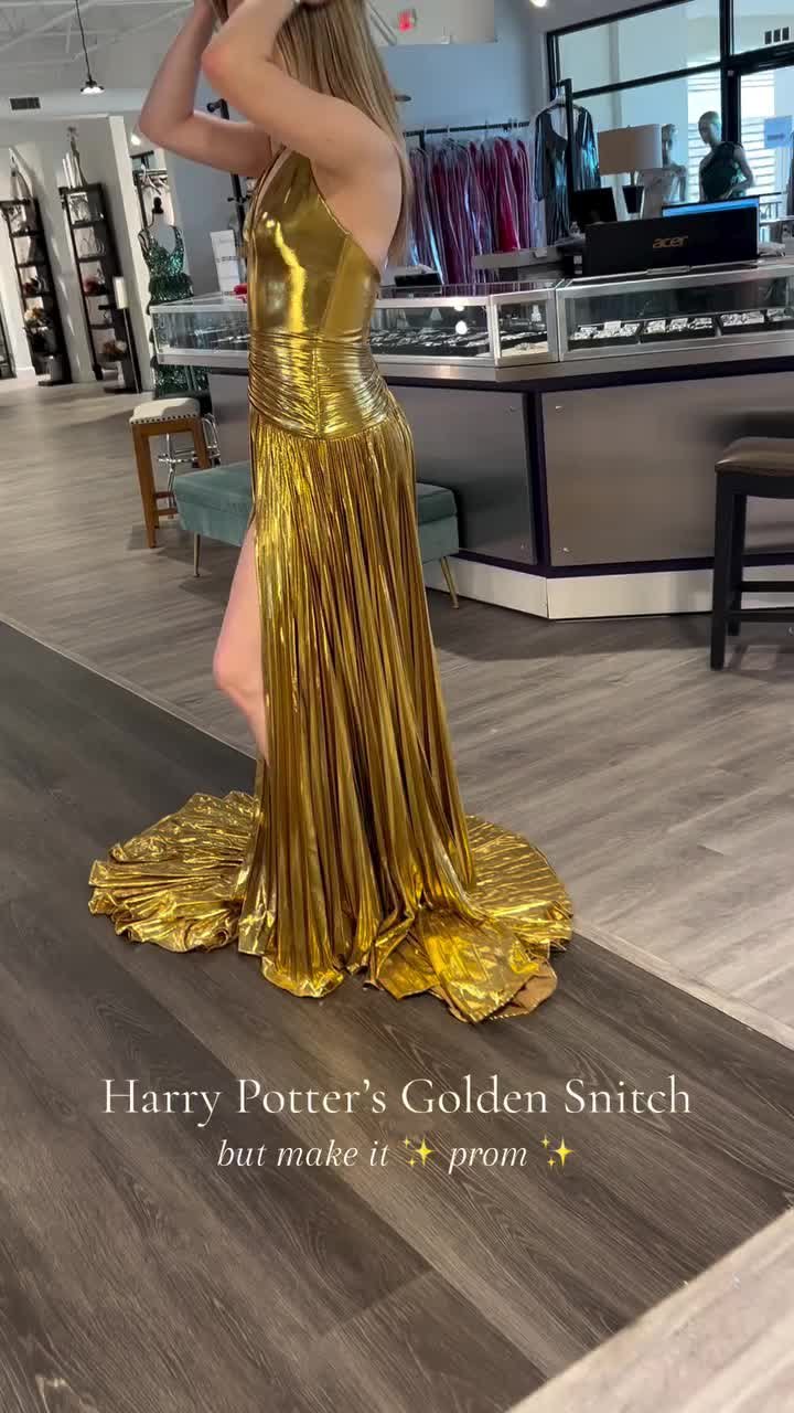 Gold Metallic Prom Dresses Halter V Neck Pleated... From Fashion_google,  $106.99 | DHgate.Com